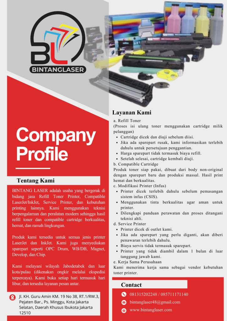 Profil Bisnis Bintang Laser - Spesialis Refill Tinta, Toner, dan Service Printer Terpercaya di Jakarta Selatan.